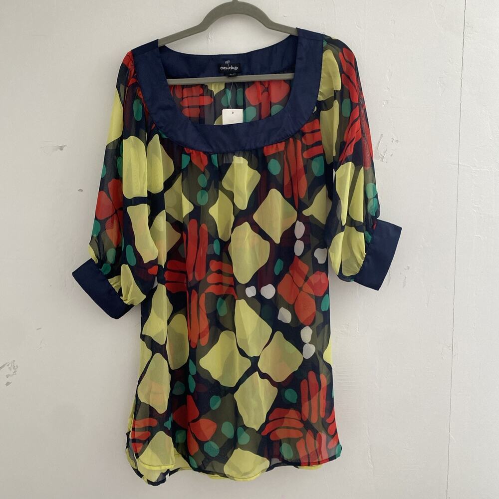 Nordstrom COCO&Chase Top Women L Colorful Print Tunic Sheer Satin Blouse Chiffon